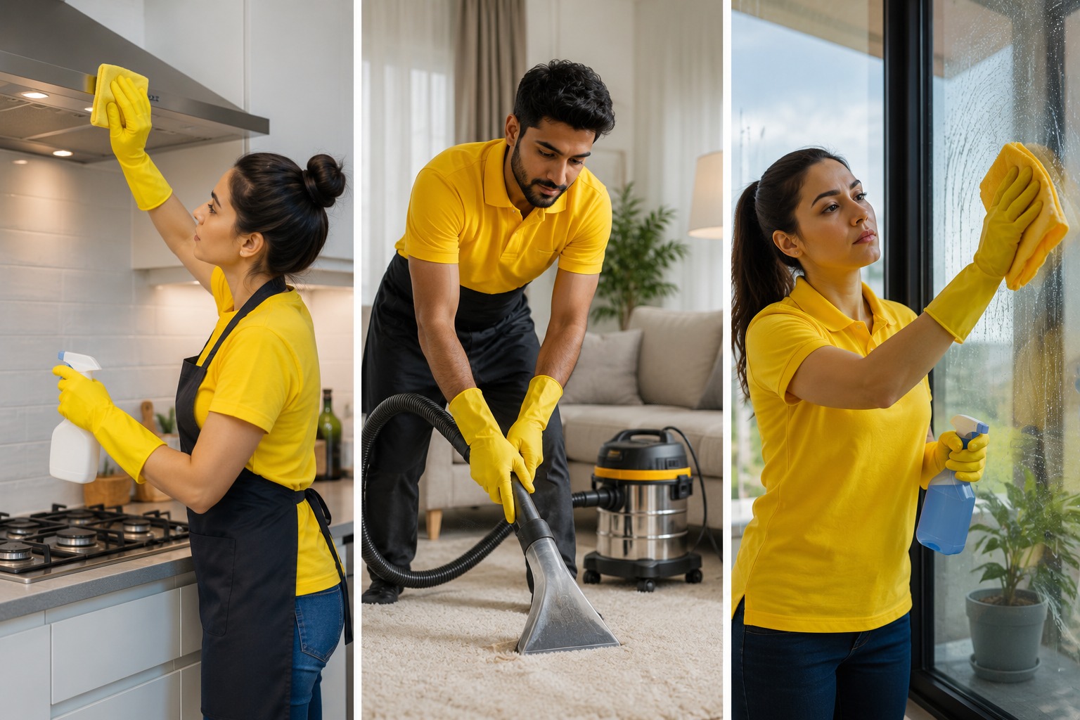 SergelClean team cleaning kitchen, vacuuming, and washing windows